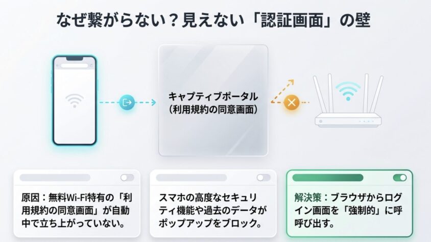 見えない認証画面（キャプティブポータル）が繋がらない原因の図解