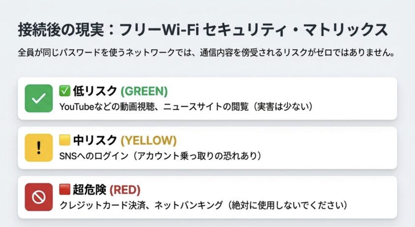 フリーWi-Fiのセキュリティリスク一覧（接続後の注意点）