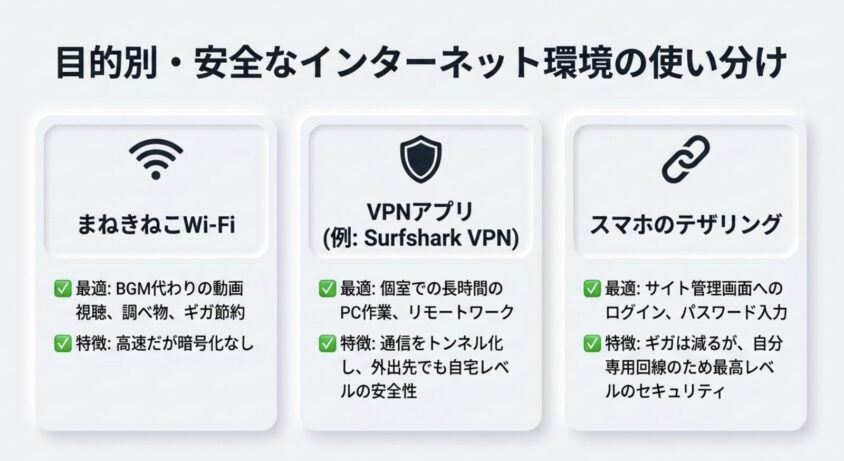 まねきねこWi-Fi・VPN・テザリングの目的別使い分け